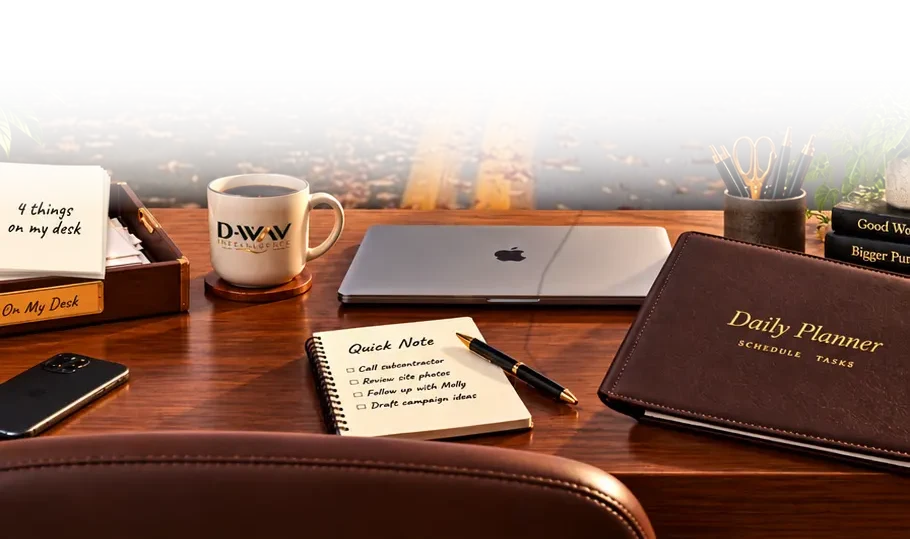 Executive desk with laptop, Daily Planner, Quick Note, On My Desk tray and coffee