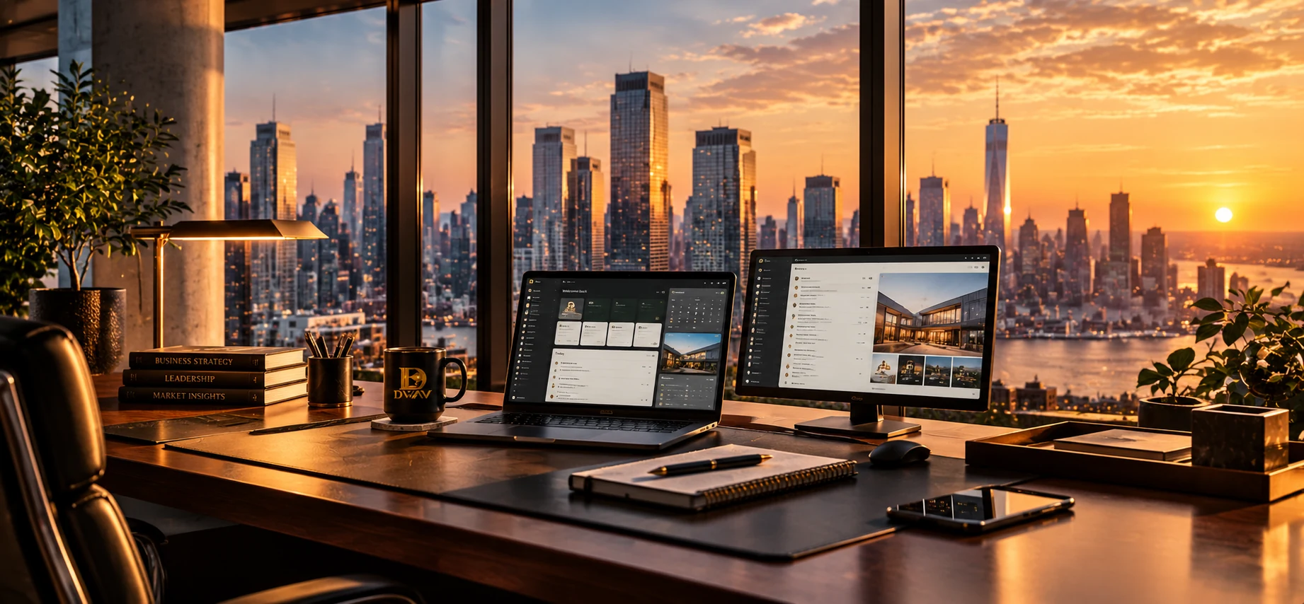 Executive desk with DWAV workspace on a laptop and monitor, overlooking a city skyline at sunset